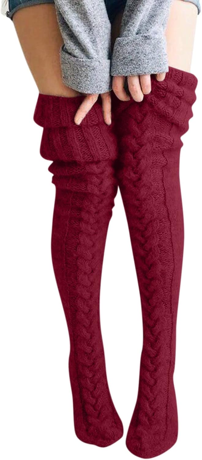 Generisch Vrouwen gebreide beenkous dijen lange manchetten knie vlechtpatroon sokken over extra sokken, grijs, One size