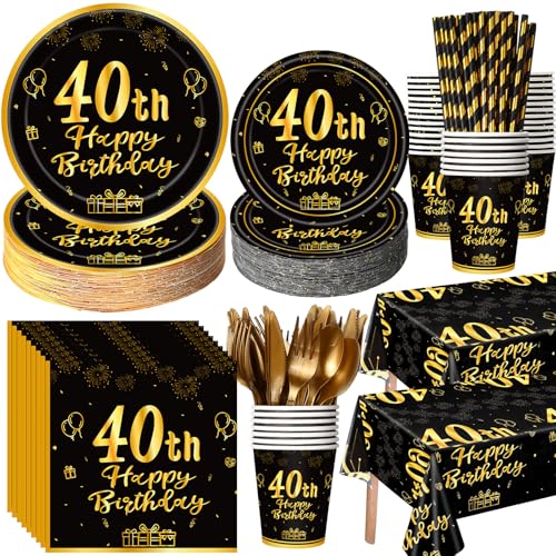 452 Pcs 40th Birthday Party Decorations Set for Men Women, Black and Gold Happy 40th Birthday Paper Plates Napkins Cups Tablecloth Cutlery Straws for Cheers to 40 Years Anniversary Party
