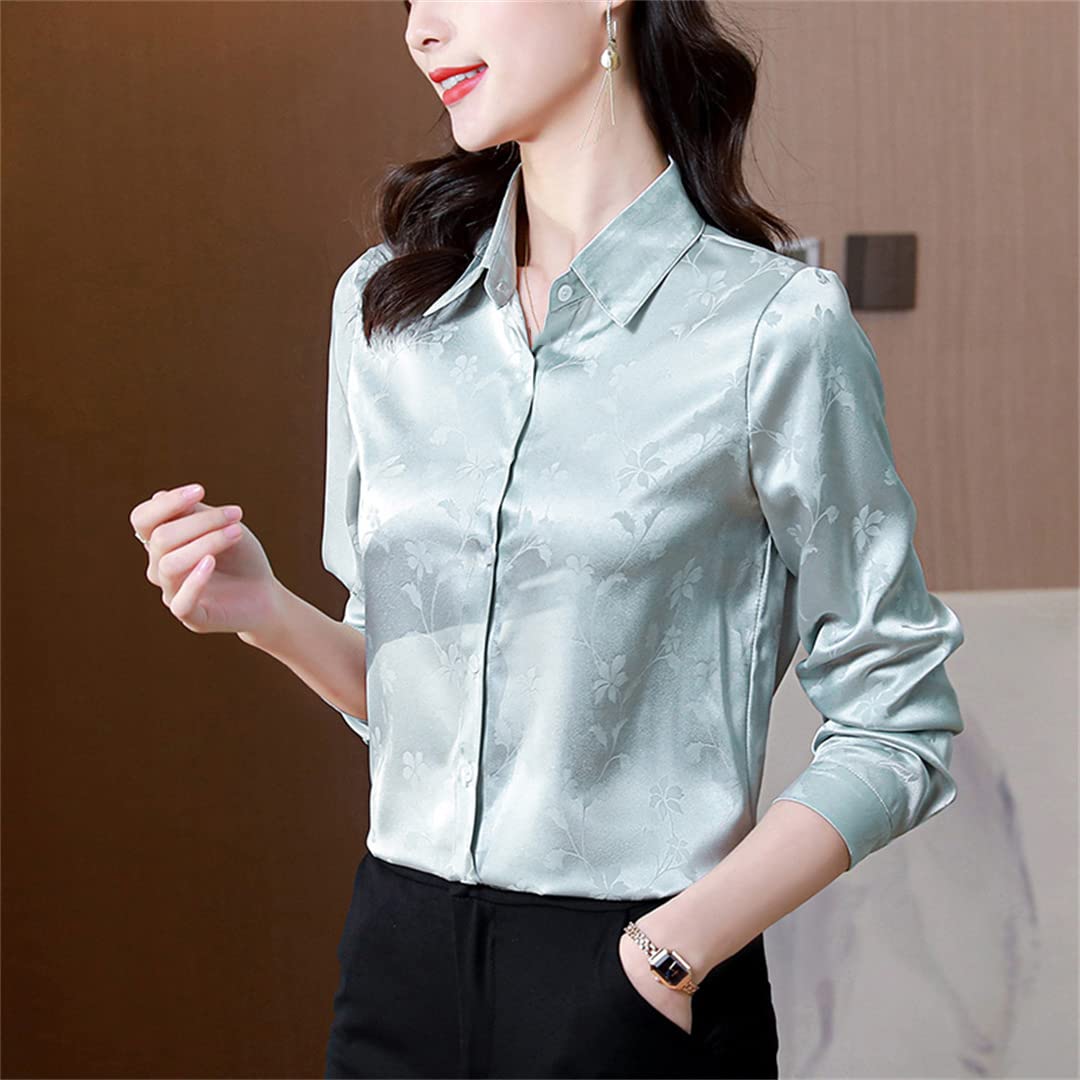 Blusa de satén de Manga Larga con Estampado Floral para Mujer Camisa de Vestir de Trabajo con Botones y Cuello en V para Mujer Gray M