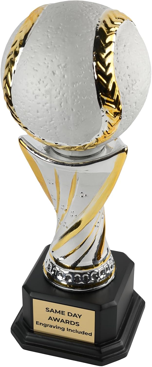 Premium Ceramic Baseball Trophy – Silver and Gold Championship Award on Ebony Base with Custom Engraving for MVPs Players Baseball Team Coach Leagues Tournaments & Special Recognition
