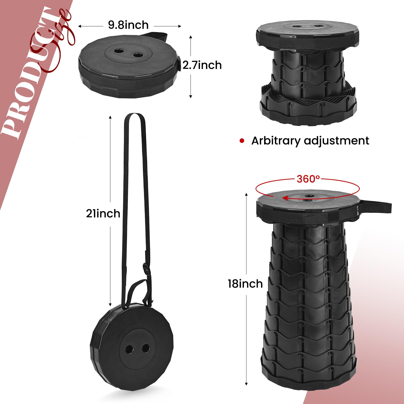 Lot de 2 tabourets pliants télescopiques, extensibles, capacité de charge maximale de 181 kg, tabouret télescopique portable avec coussin pour camping, randonnée, barbecue en plein air - Noir