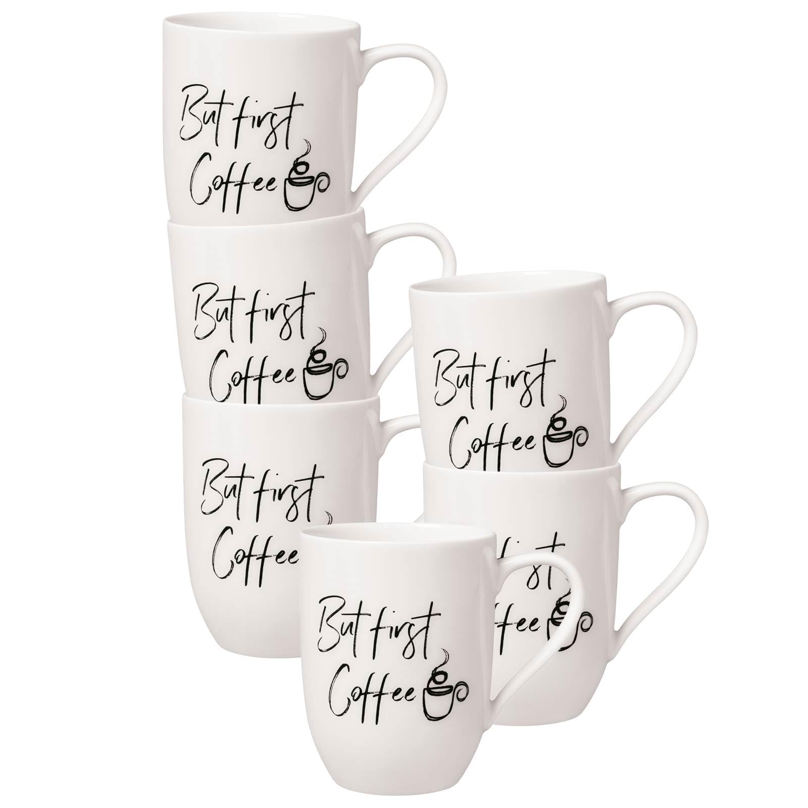 Villeroy & Boch - Statement, kubek z uchem, zestaw 6 sztuk, But first Coffee, 280 ml, kubek do kawy z sentencjami, porcelana premium, biało-czarny