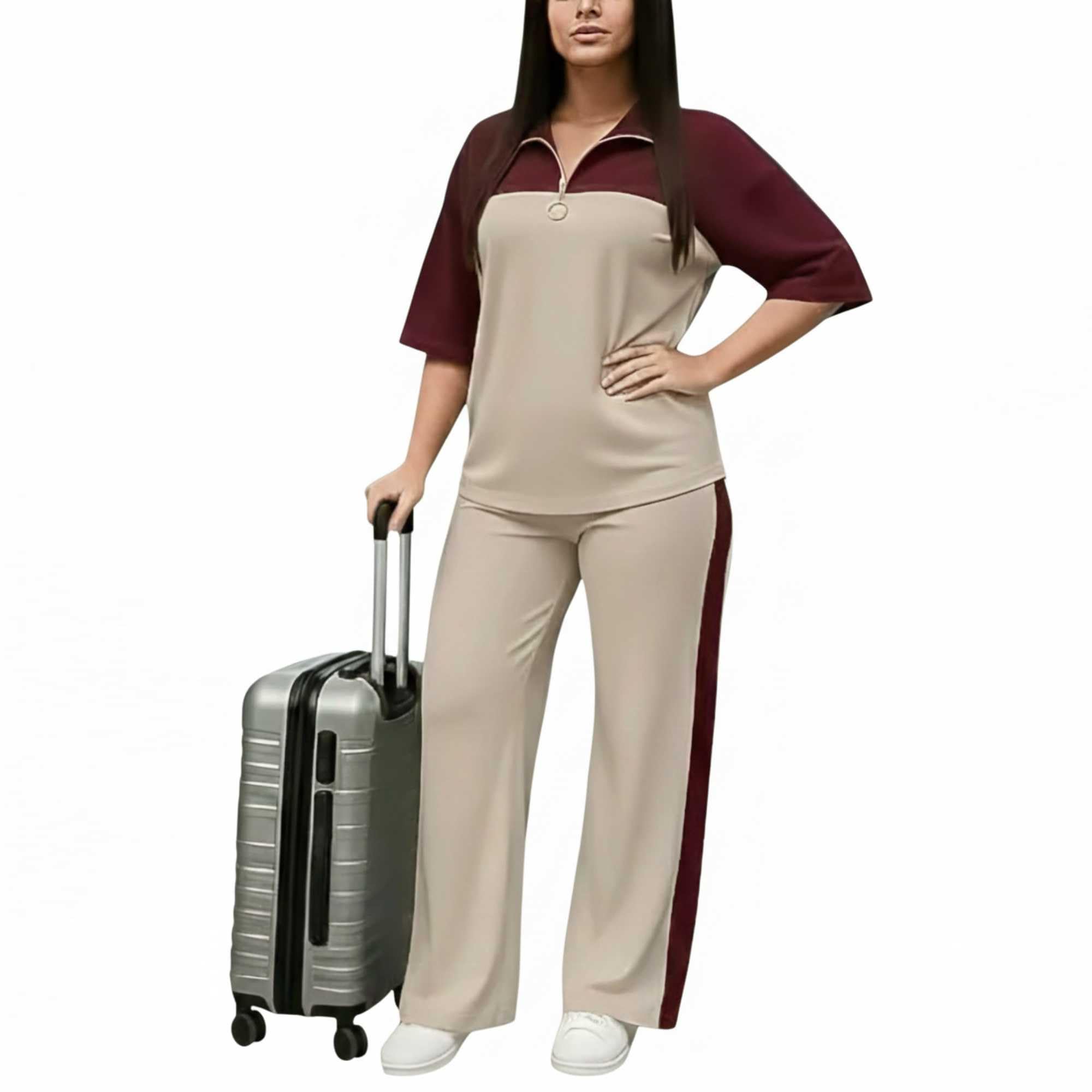 Women's Two Piece Tracksuit Set, Beige and Black Color Block Half Zip Top with Side Stripe Pants(Multicolor) (IN, Alpha, XL, Regular, wine)