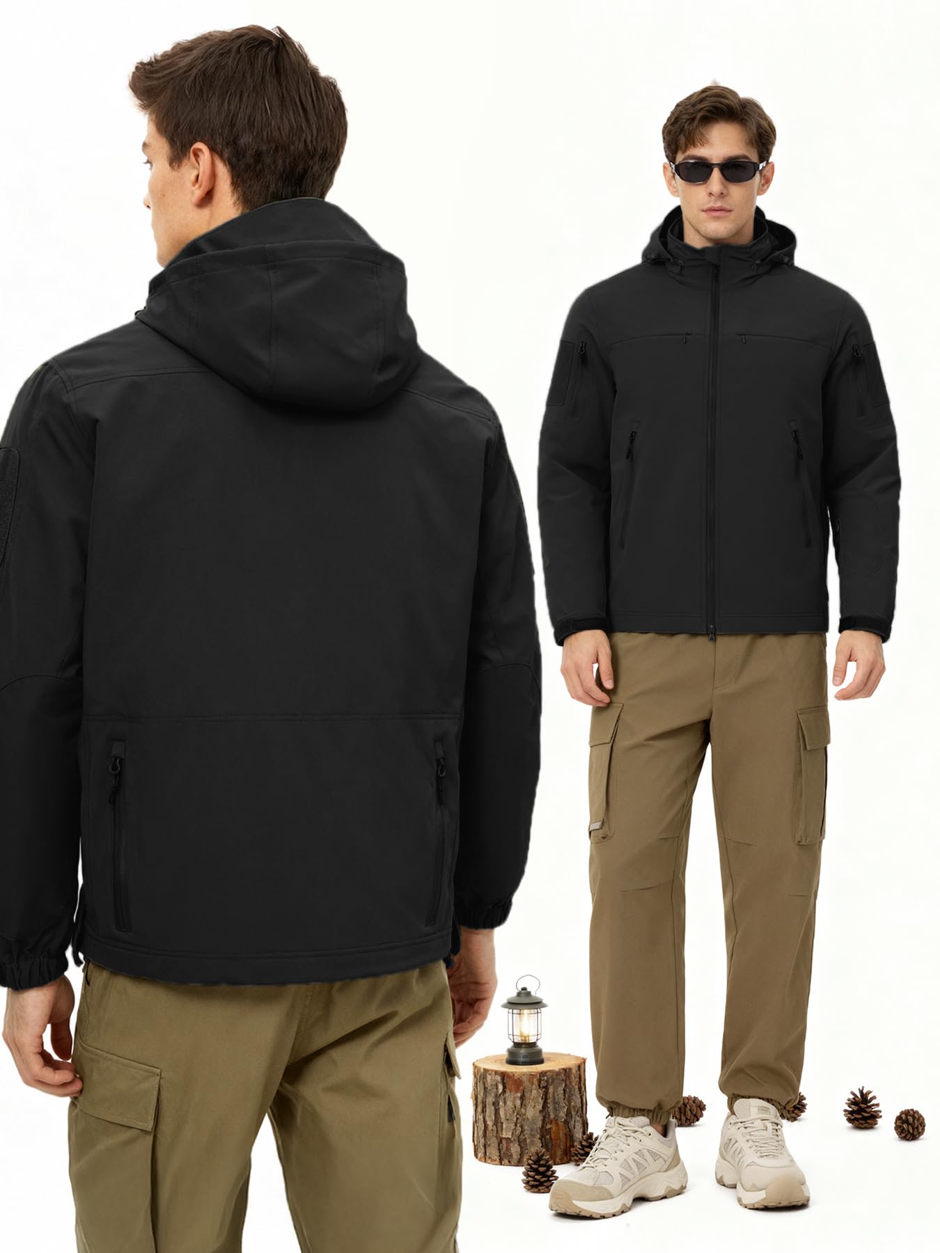 Jacke Herren Leichte Taktikjacke mit Kapuze Softshelljacke 9 Taschen Wasserabweisend Atmungsaktiv Winddichte Wandern Camping Laufen
