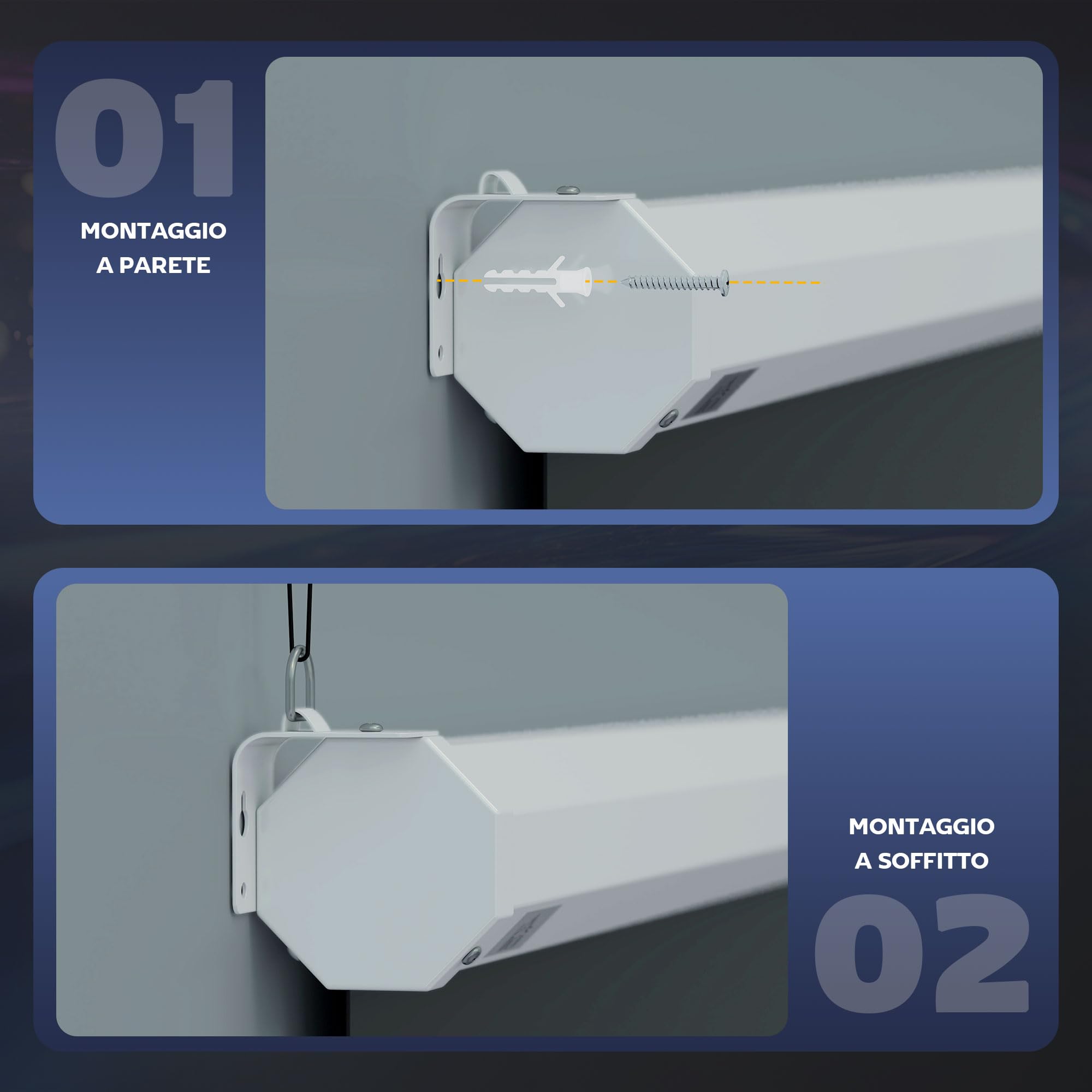 HOMCOM Telo Proiettore da 120 Pollici 4K HD Formato 16:9 con Fissaggio a Muro e Soffitto, Schermo Proiettore in Metallo, Grandangolo di 160 Gradi, per Casa, Home, Cinema, Esterno, Bianco