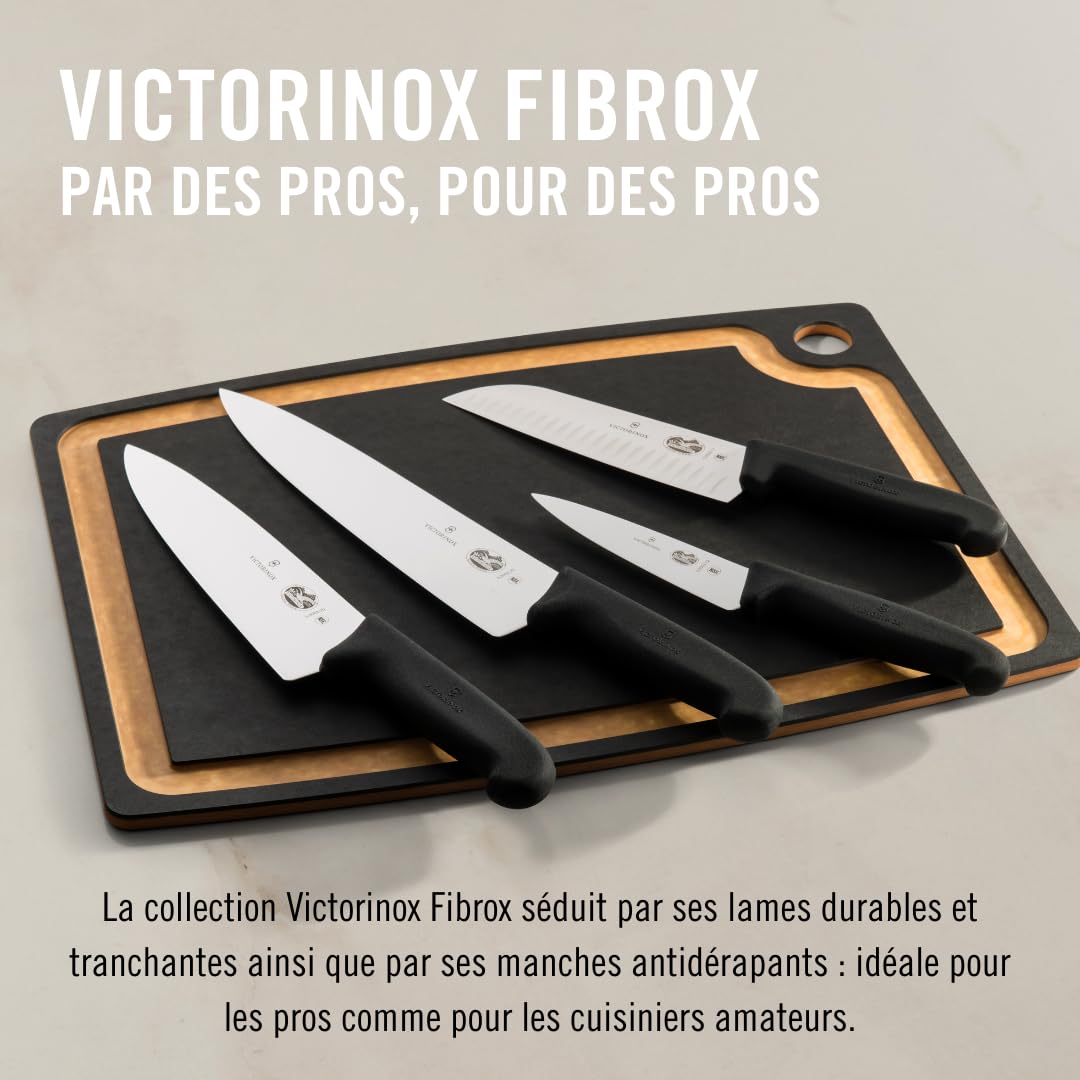 Victorinox Fibrox Couteau de chef, Large couteau universel pour viande, poisson, légumes et herbes, 20 cm, Lame lisse, Tranchant, Inox, Noir