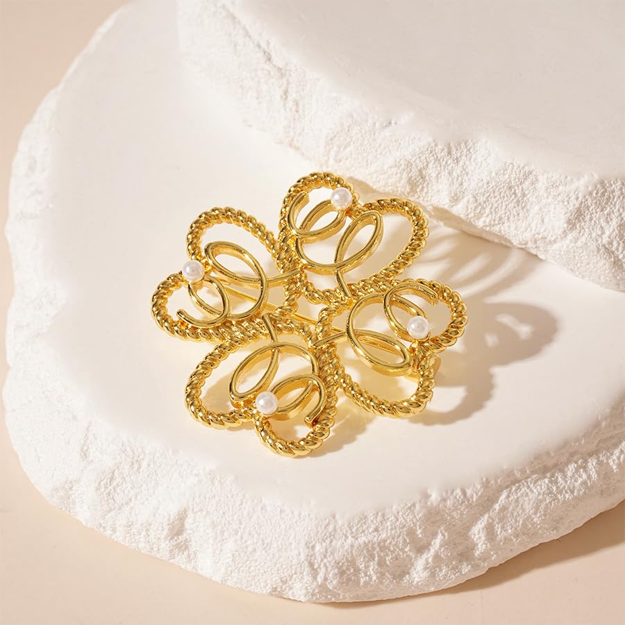 Image of Gold Brooches for Women Ladies Yellow Broach Flower Bow Rhinestone Lapel Pins Blazer Dress Denim Jacket Accessories