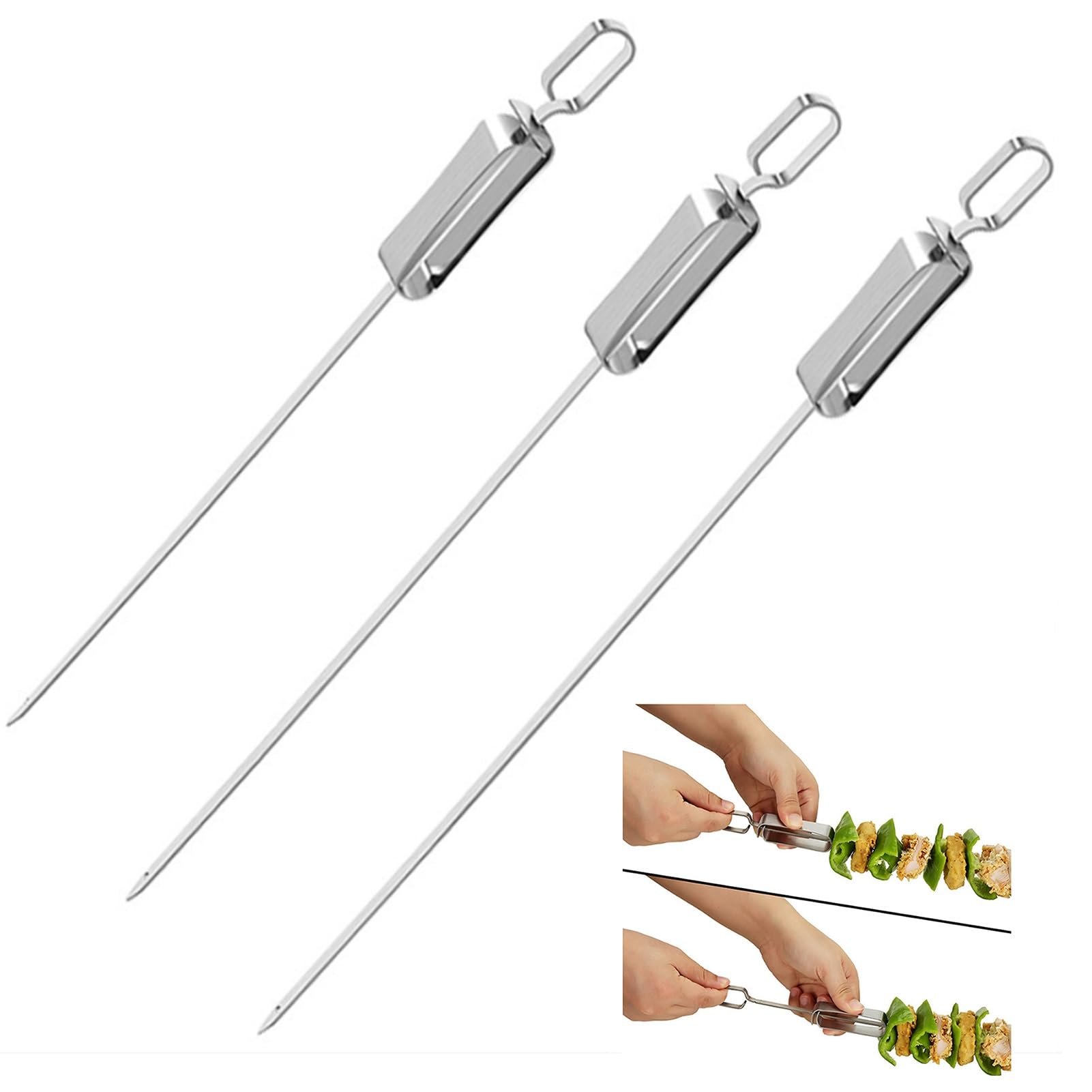 Brochetas Reutilizables Kabob, brochetas for Asar de Acero Inoxidable, palillo for brochetas con Barra de Empuje, for Carne, camarones, Pollo, 10 Piezas (Size : 45cm)