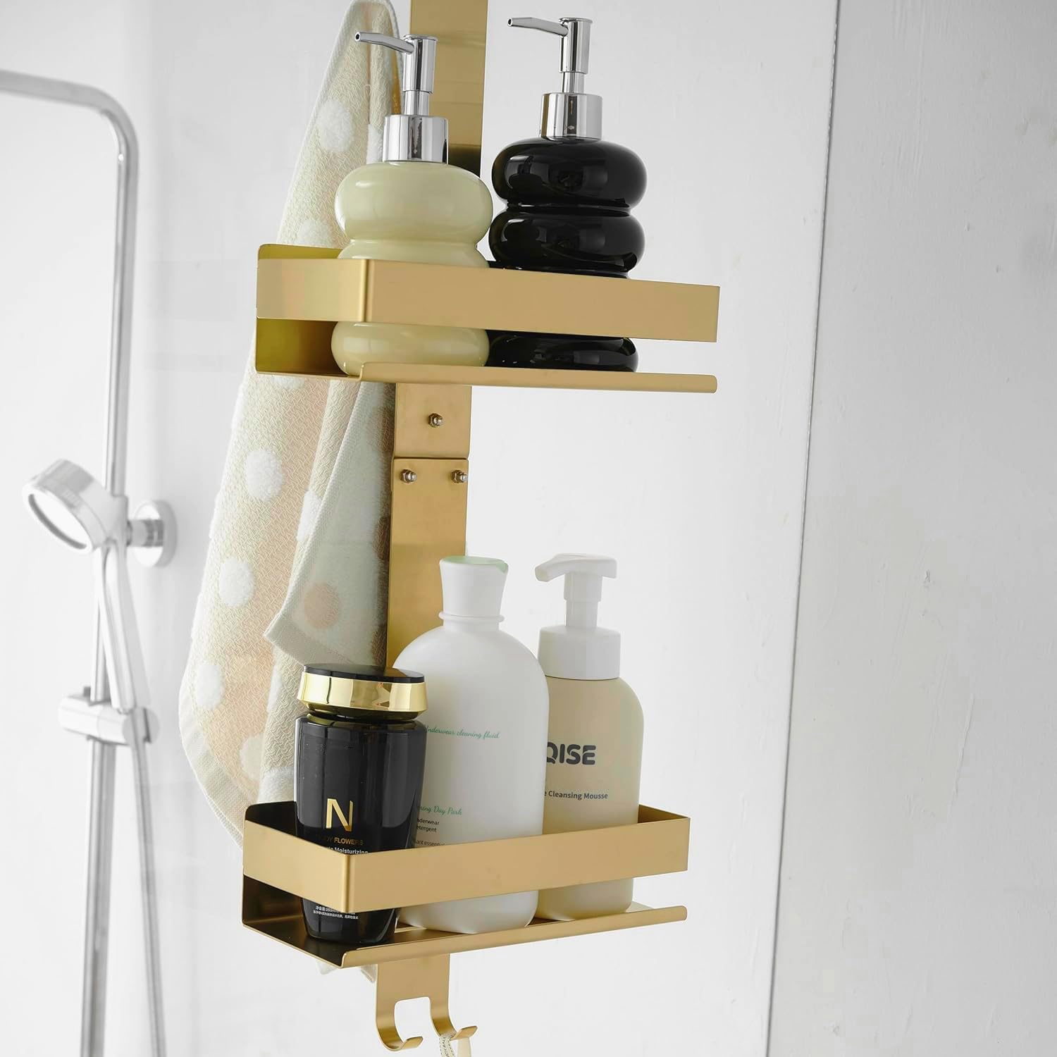 Scaffale organizer per porta della doccia, con ganci antiruggine e cestino portaoggetti nero, installazione senza trapano, mensole da bagno per l'organizzazione della dispensa