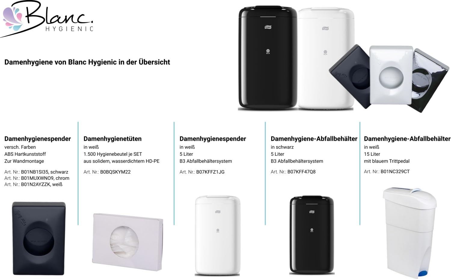 Damenhygiene-Abfallbehälter B3 Schwarz | Selbstschließender Deckel, Wand- & Bodenmontage, Elevation Design, platzsparend