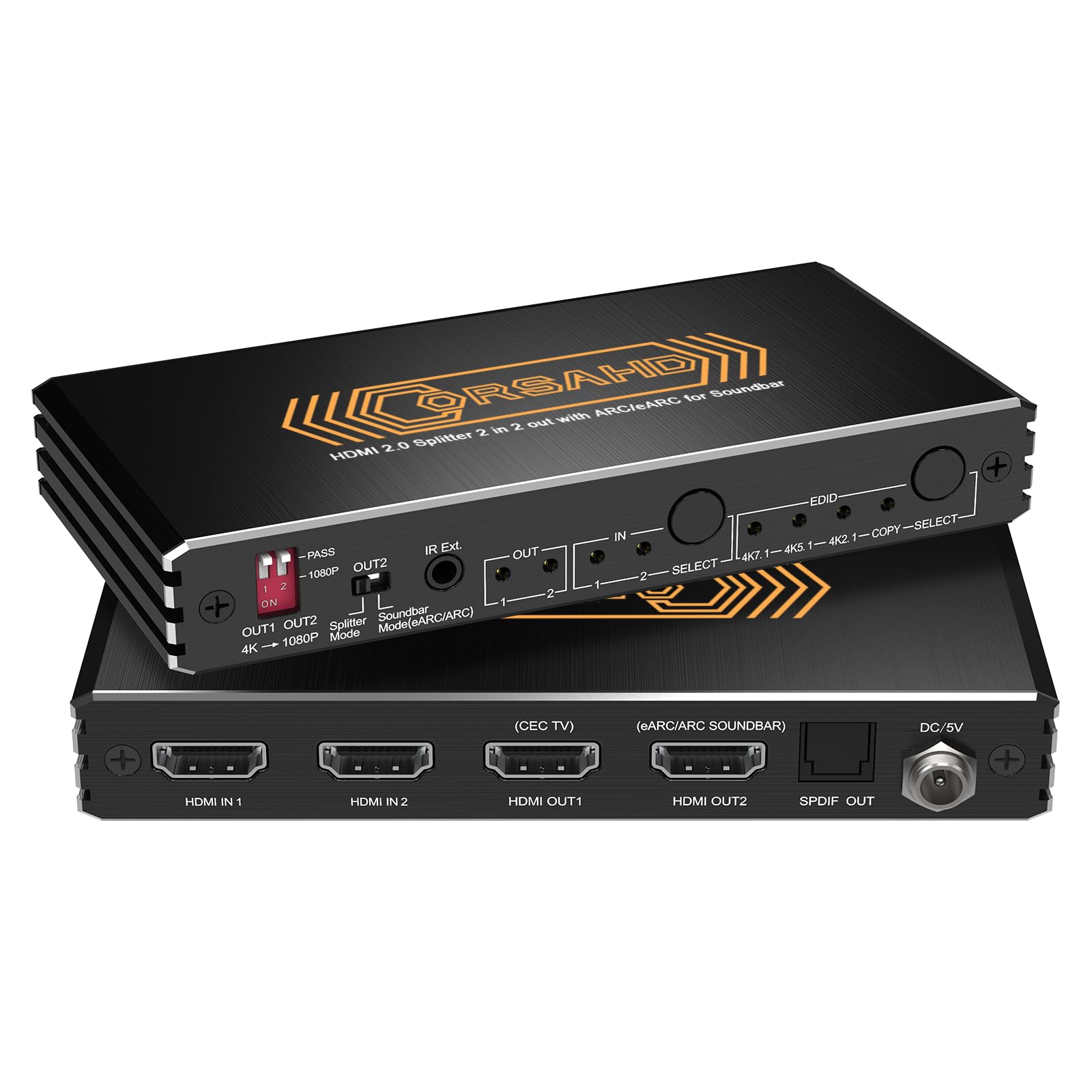4K@60Hz HDMI 2.0 Splitter 2 in 2 Out with Audio Extractor Supports ARC,e-ARC,Soundbar,Downscale,HDCP Bypass,HDR,CEC,EDID,SPDIF,IR Remote,HDMI Swtich 2 in for soundbar