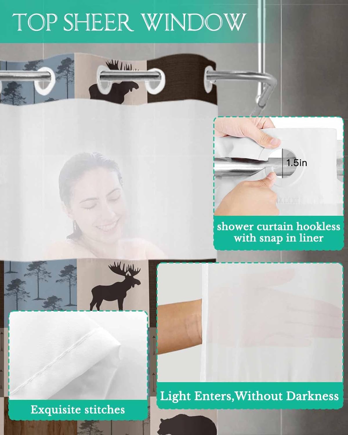 Chucoco No Hook Shower Curtain with Snap in Liner, Retro Deer Bear Plaid Check Waterproof Washable Bathroom Shower Curtains See Through Top Window, Abstract Patchwork Pattern Hotel Grade Bath Curtain