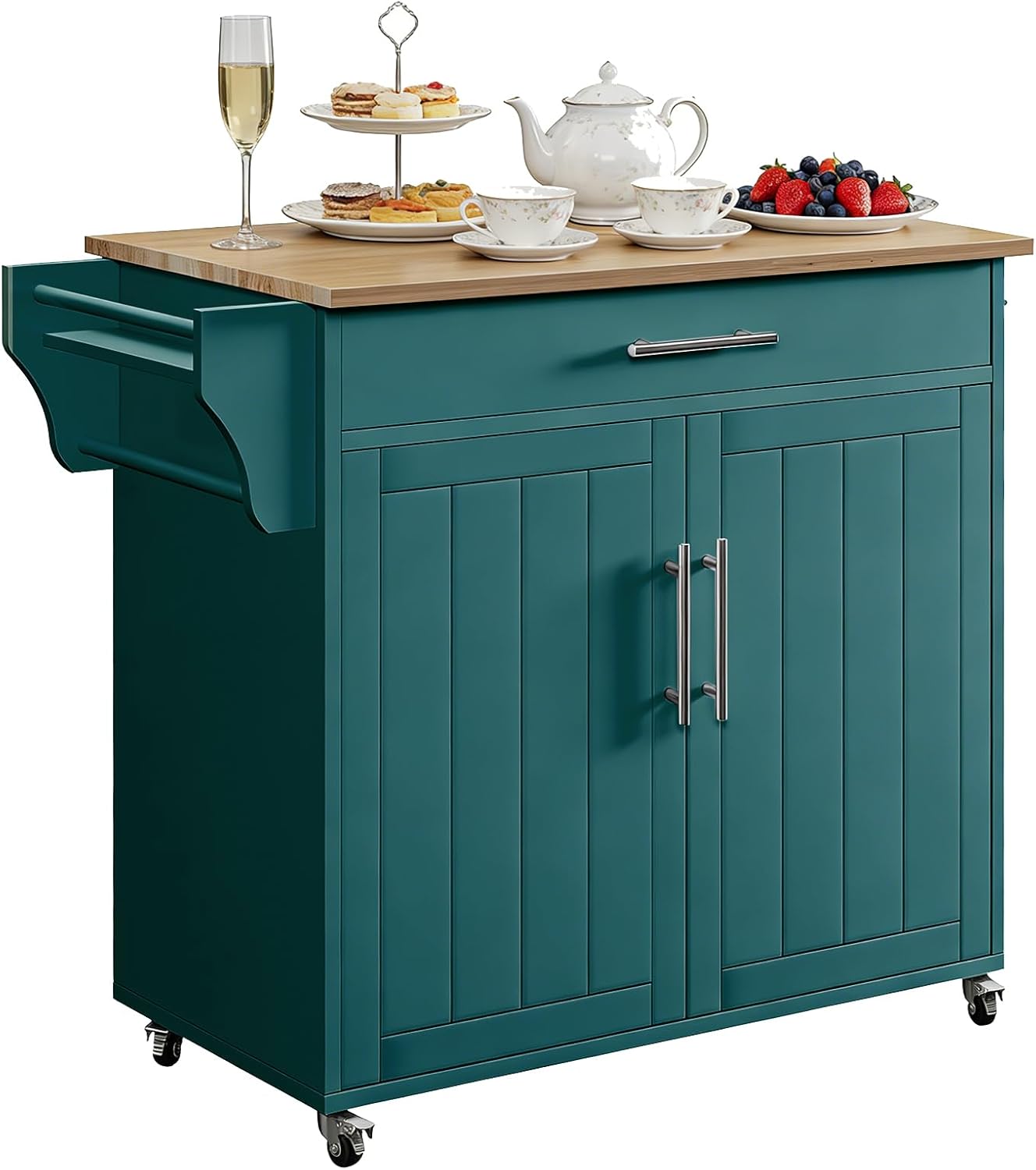 Kitchen Storage Island, Wooden Rolling Kitchen Island On Wheels with Countertop, Mobile Kitchen Island Cart with Towel Rack, Spice Rack and Drawers, Green