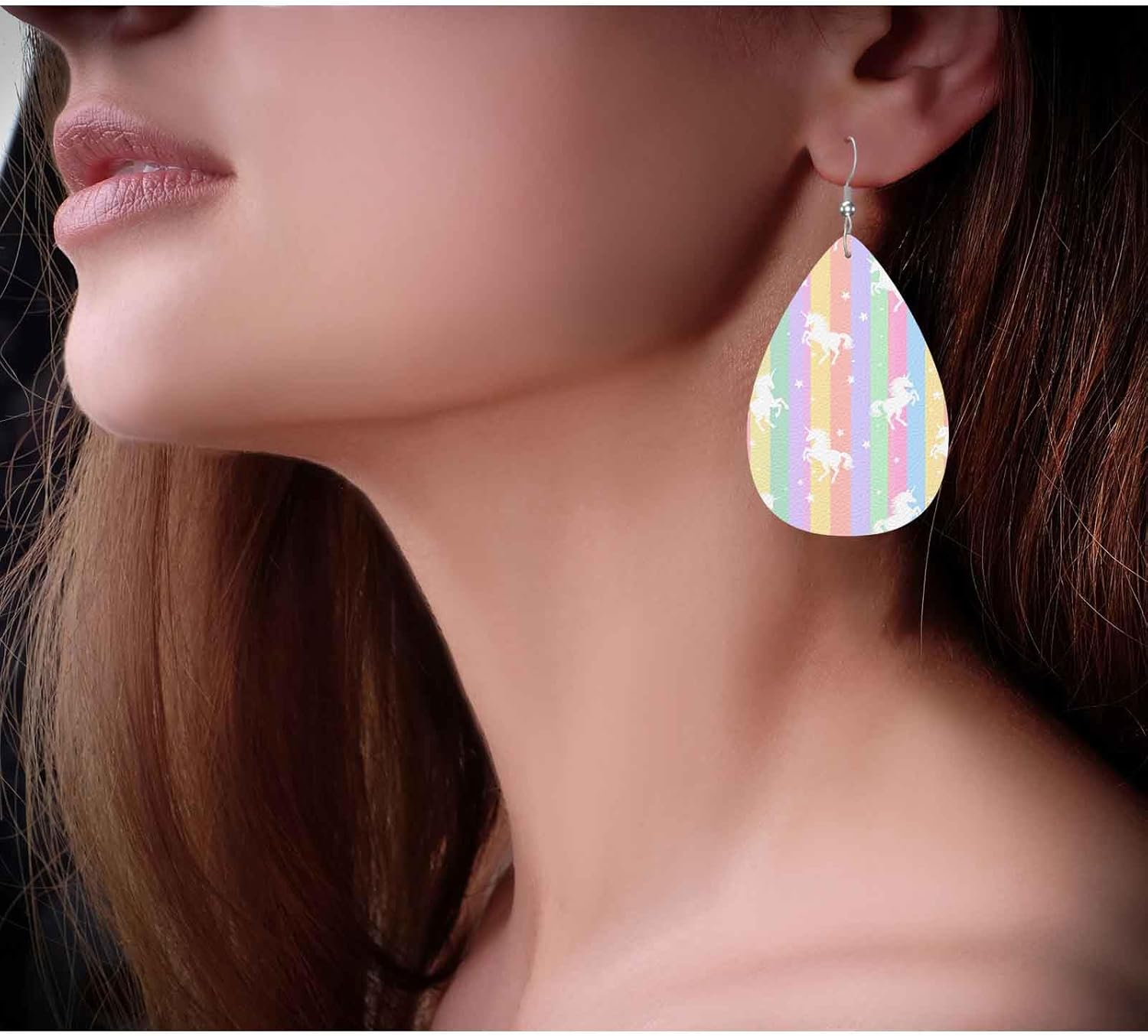 Zokola Unicorn Leather Earrings Teardrop Earring Set, Cute White Unicorns Rainbow Stripes Lightweight Faux Leather Leaf Earrings Petal Drop Earrings For Women Friends - Image 5