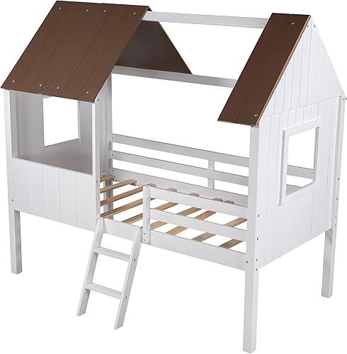 Miniatura 6 de GLORHOME Base de cama baja de tamaño individual con 2 ventanas laterales soporte de listones de madera divertido mueble de dormitorio para niños