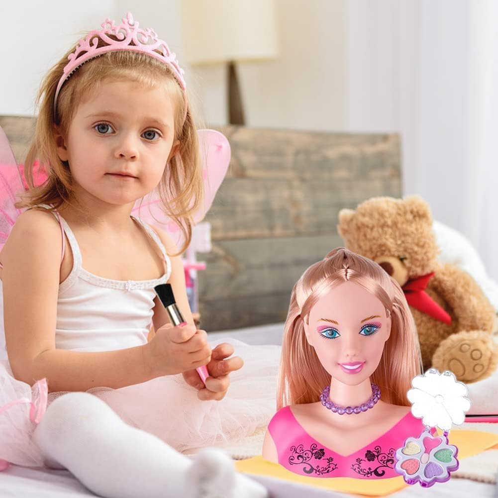 Testa per parrucchiere e trucco per bambini Pretend Playset, 34 pezzi styling testa bambola acconciatura giocattolo con asciugacapelli per bambine