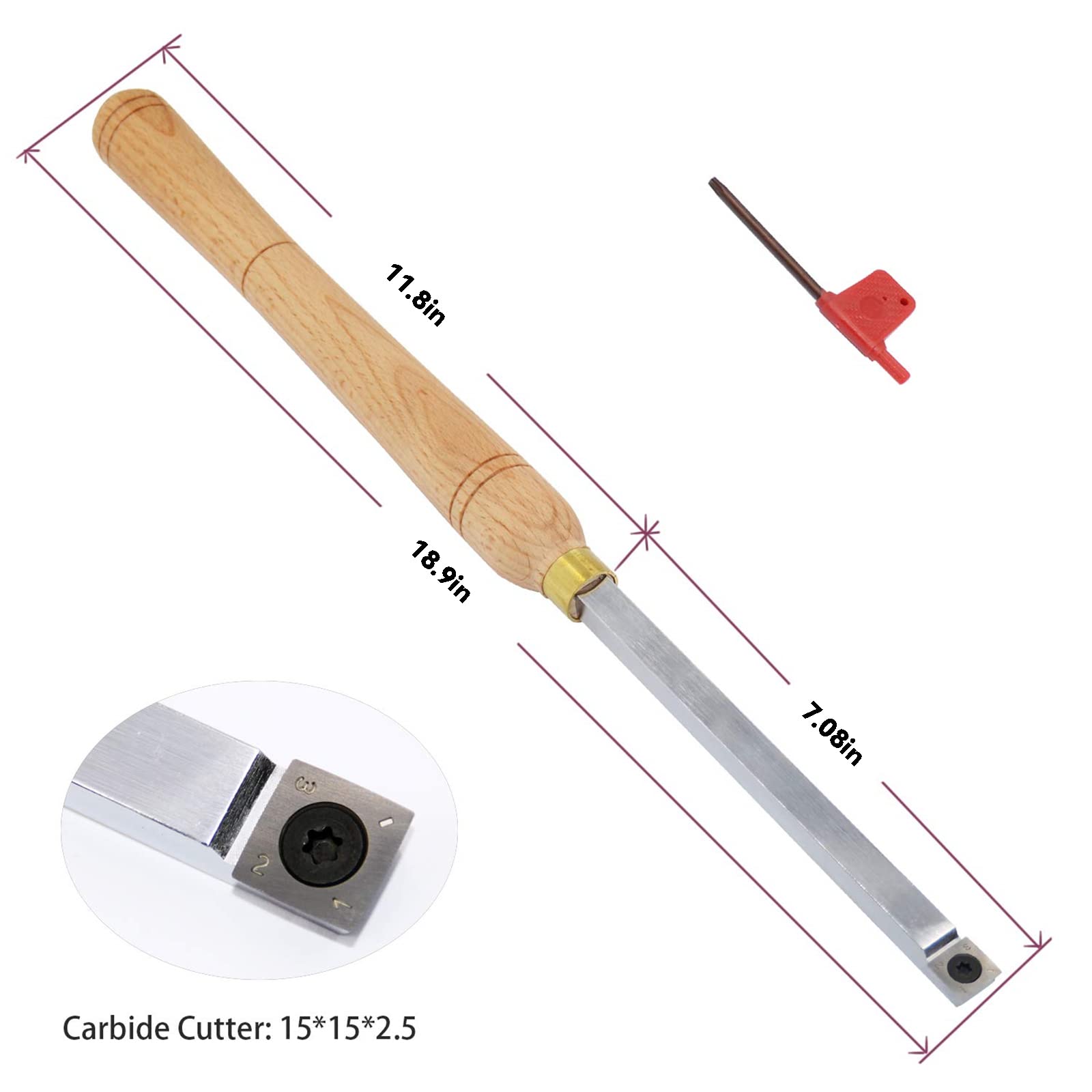 Utensili per tornitura per Legno Scalpello per tornio con Punta in carburo più Ruvida 18 Pollici a grandezza Naturale con Inserto Quadrato in carburo 15X15x2,5 mm con Raggio e Una Vite per hobbisti