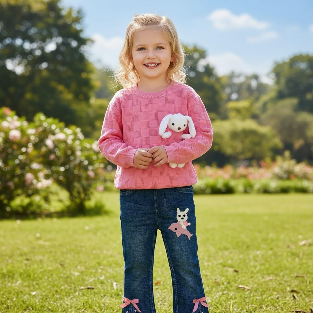 Peacolate 18M to 5Y Rainbow Sweater & Strawberry Embroidery Jeans Clothing Set for Toddler&Little Girls - Image 6