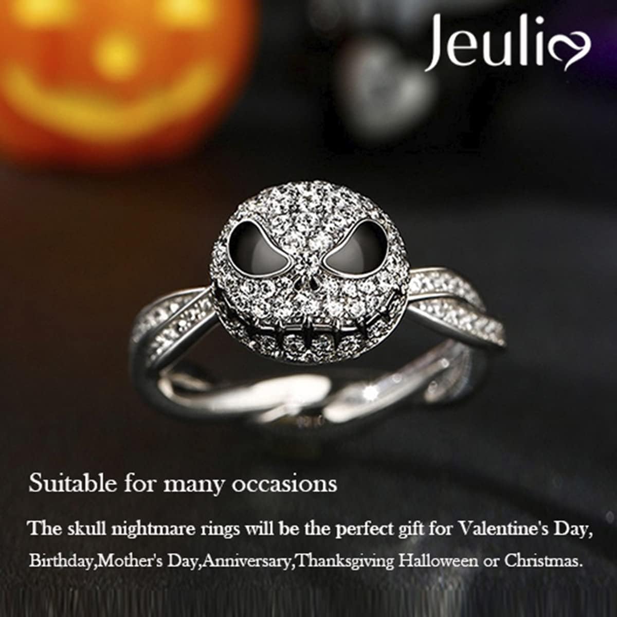 Jeulia Jack Rings Sterling Silver Rotating Skull Christmas Ring for Women Men Diamond Solitaire Engagement Ring Romantic Anniversary Engagement Jewelry Gifts - Image 4