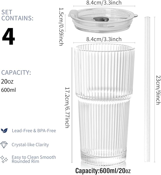 Set de 4 Vasos de Vidrio Ribeteados de 20 oz con Tapas y Sorbetes miniatura 3
