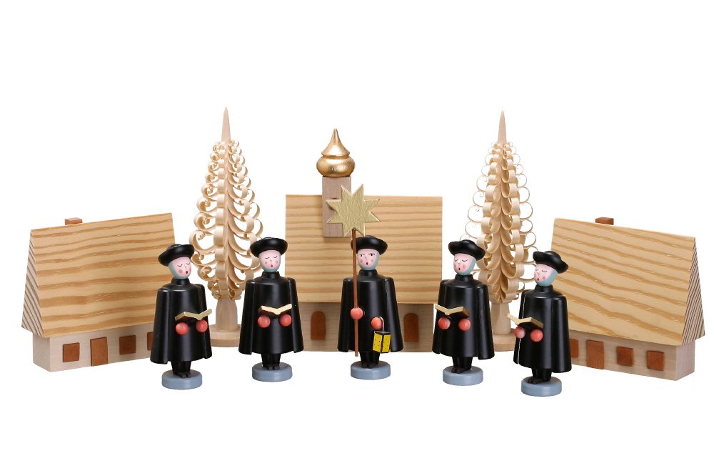 Figurine de Noël en bois Les Carolers 10 cm miniature avec arbres et maisons