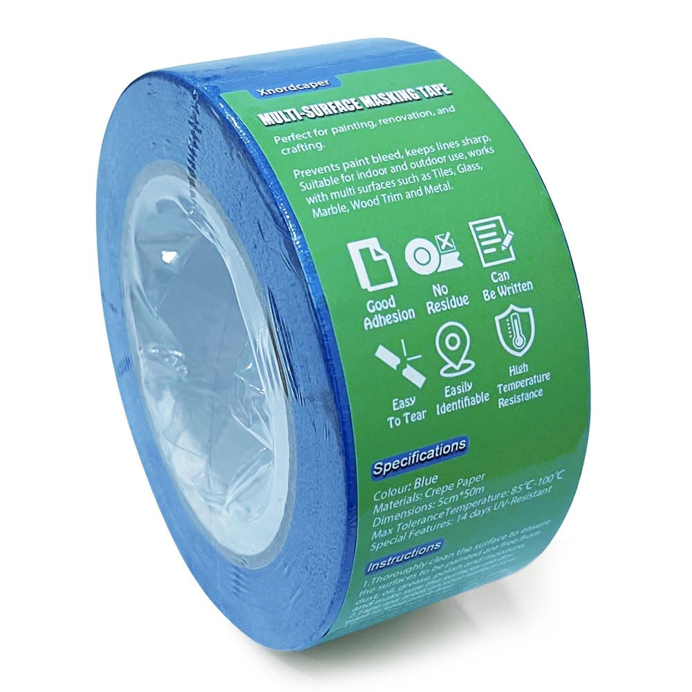 Xnordcaper Blue Multi Surface Painters Masking Tape Wide 50mm x 50m Easy Removal Residue-Free Decorators Paper Tape for Painting Decorating Renovations DIY Crafts Indoor Outdoor Use