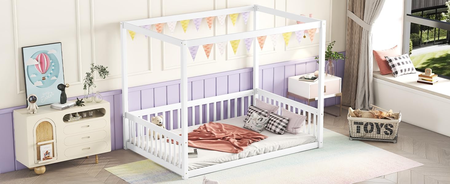 Full Size Canopy Frame Rubber Wood Floor Bed with Fence,Guardrails,White