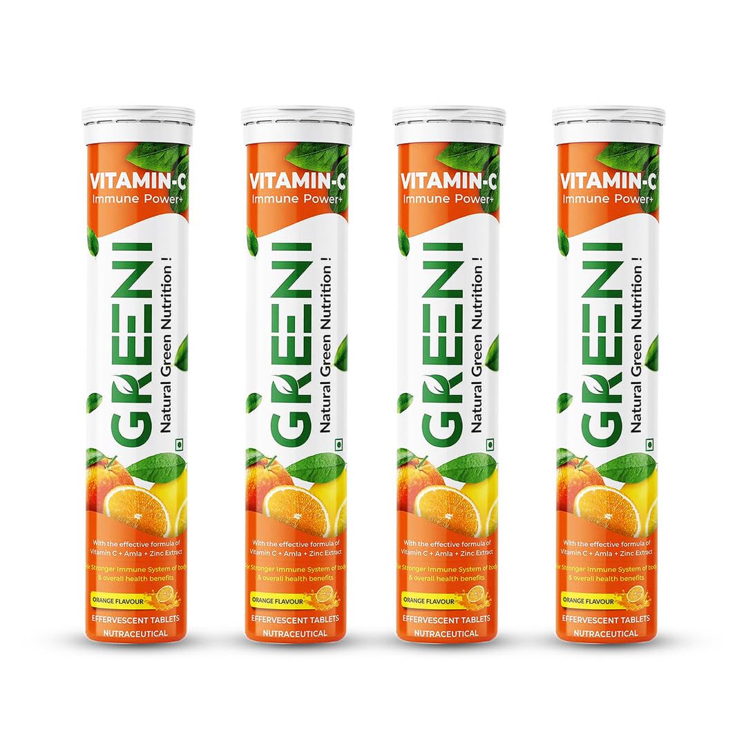 Greeni 60 Effervescent Tablets Vitamin C Immunity Power(Orange Flavour) | with Vitamin C, Amla, & Zinc for a Strong Immune System | Nutraceutical Formula for Overall Health Benefits (Pack of 4)