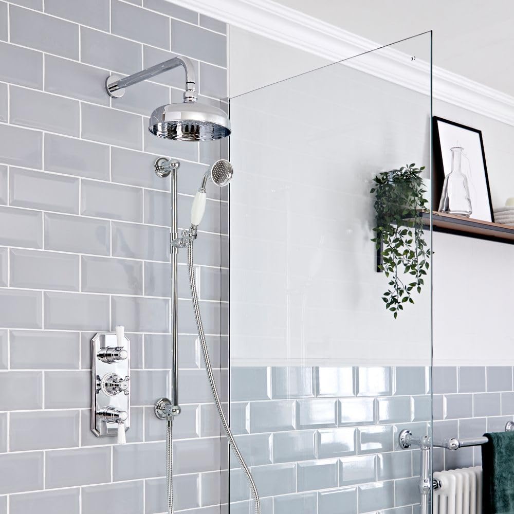 Milano Chrome & White Elizabeth Thermostatic Mixer Valve 200Mm Round Shower Head Riser Rail - Chrome White