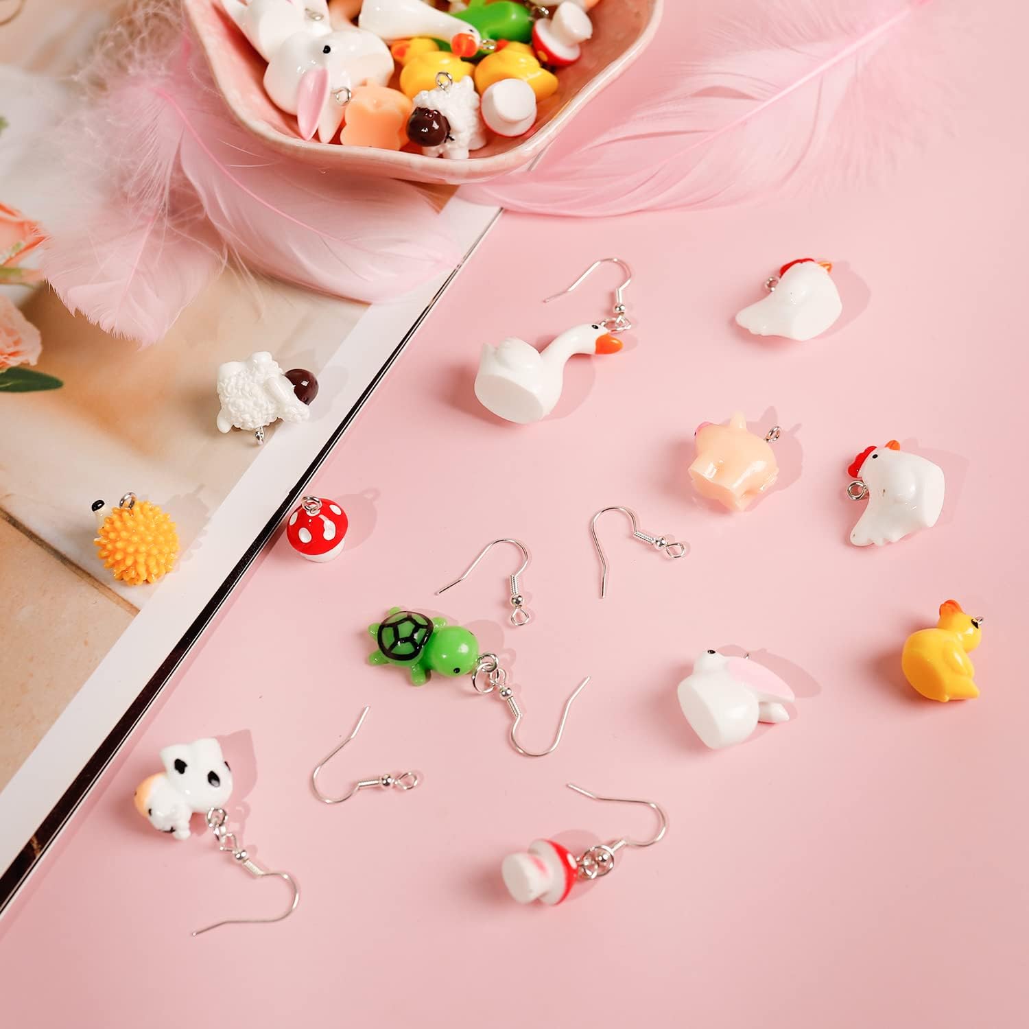 44 Pcs Resin Animal Charm Pendants Cute Goose Mushroom Duck Cow Bee Chicken Rabbit Turtle Hedgehog Sheep Pig Bead DIY Accessories Farm Supplies for Jewelry Making Bracelet Necklace Earring - Image 3