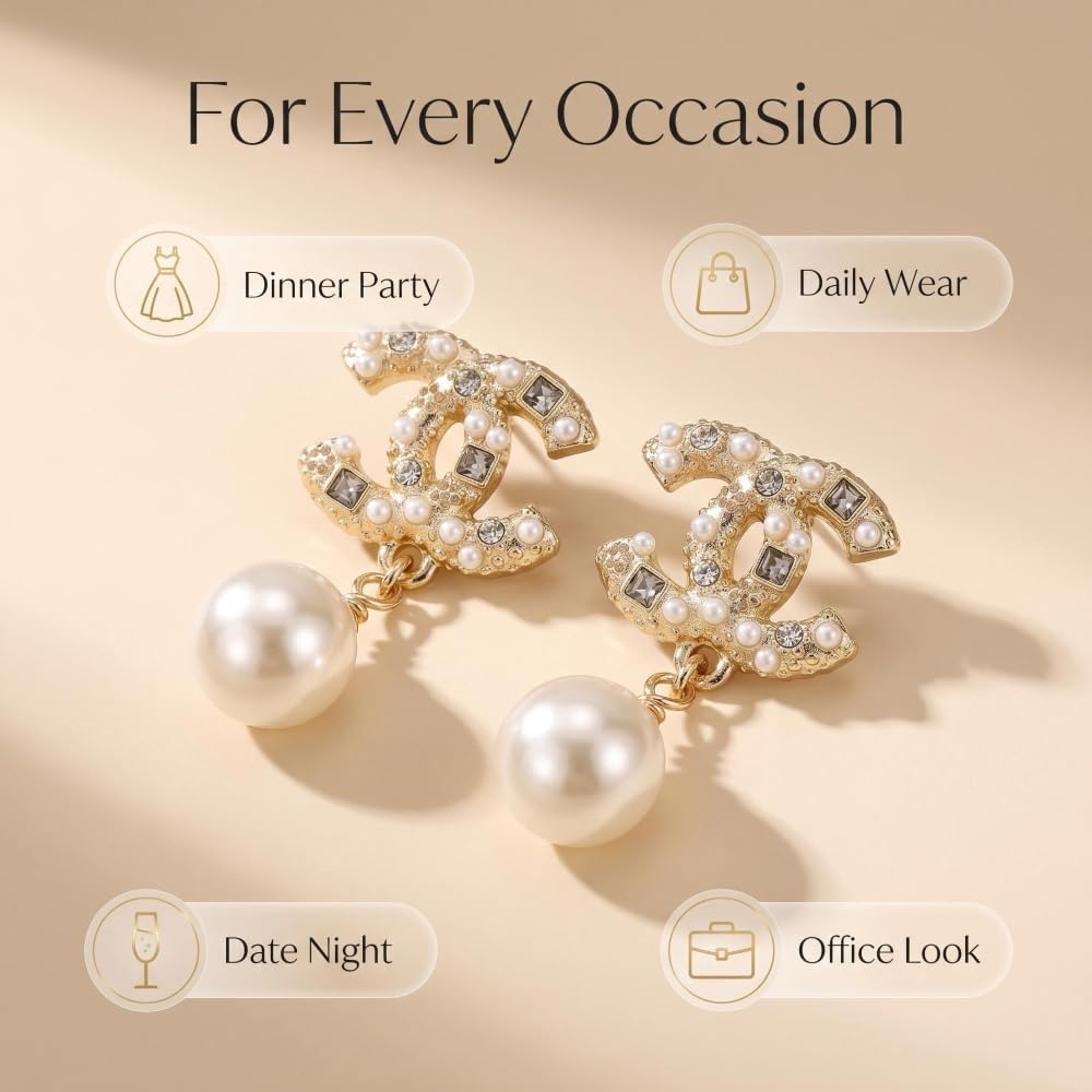 Women’s Designer Gold Earrings, Pearl and Rhinestone Accented Dangle Earrings, Fashion Jewelry for Party, Wedding, Daily Wear