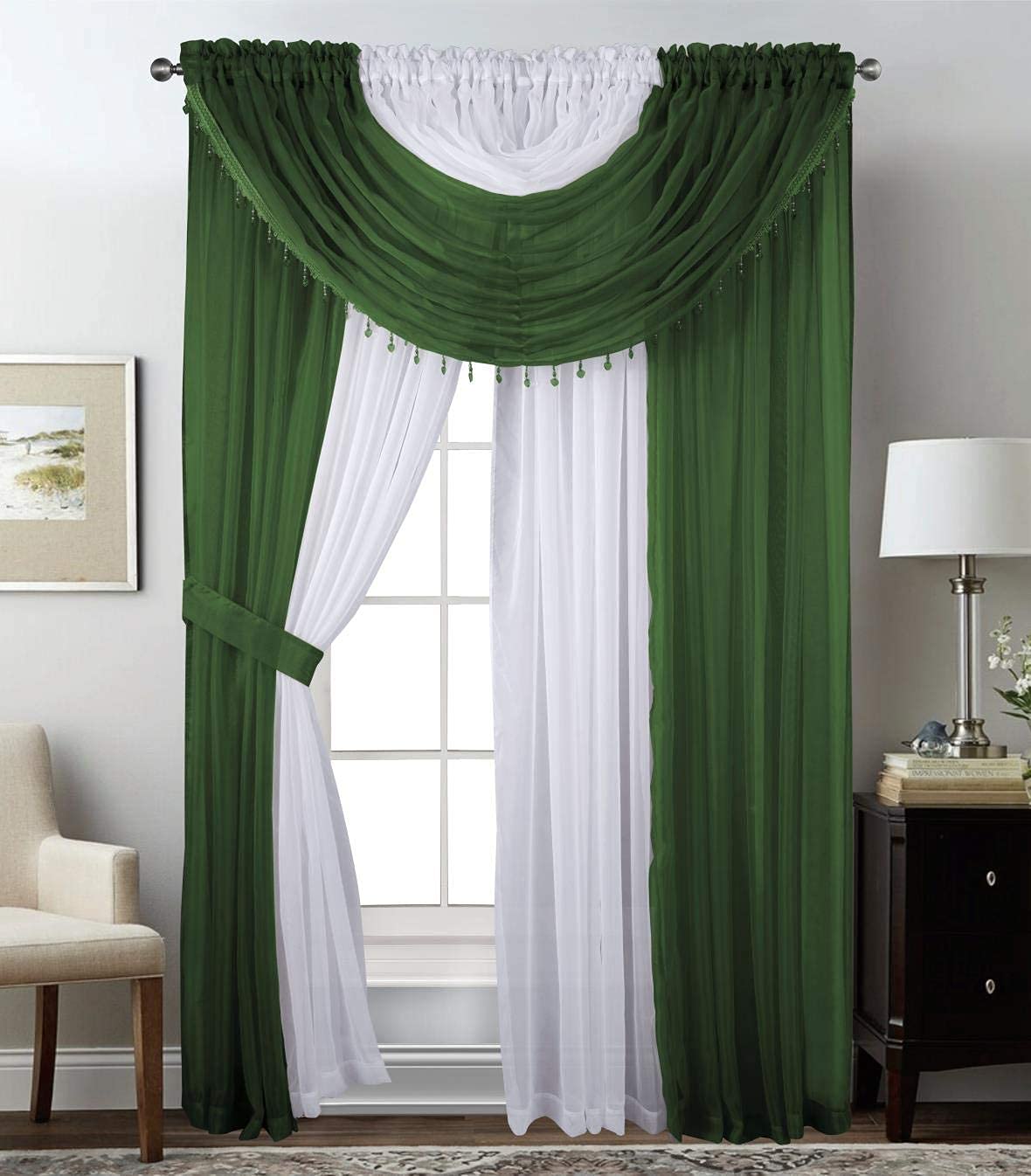 Sapphire Home Sheer Curtains - Two Tone 4 Panels Set w/Valance & Tiebacks, 55"x84", Lightweight Light-Filtering Window Curtain for Living Room,