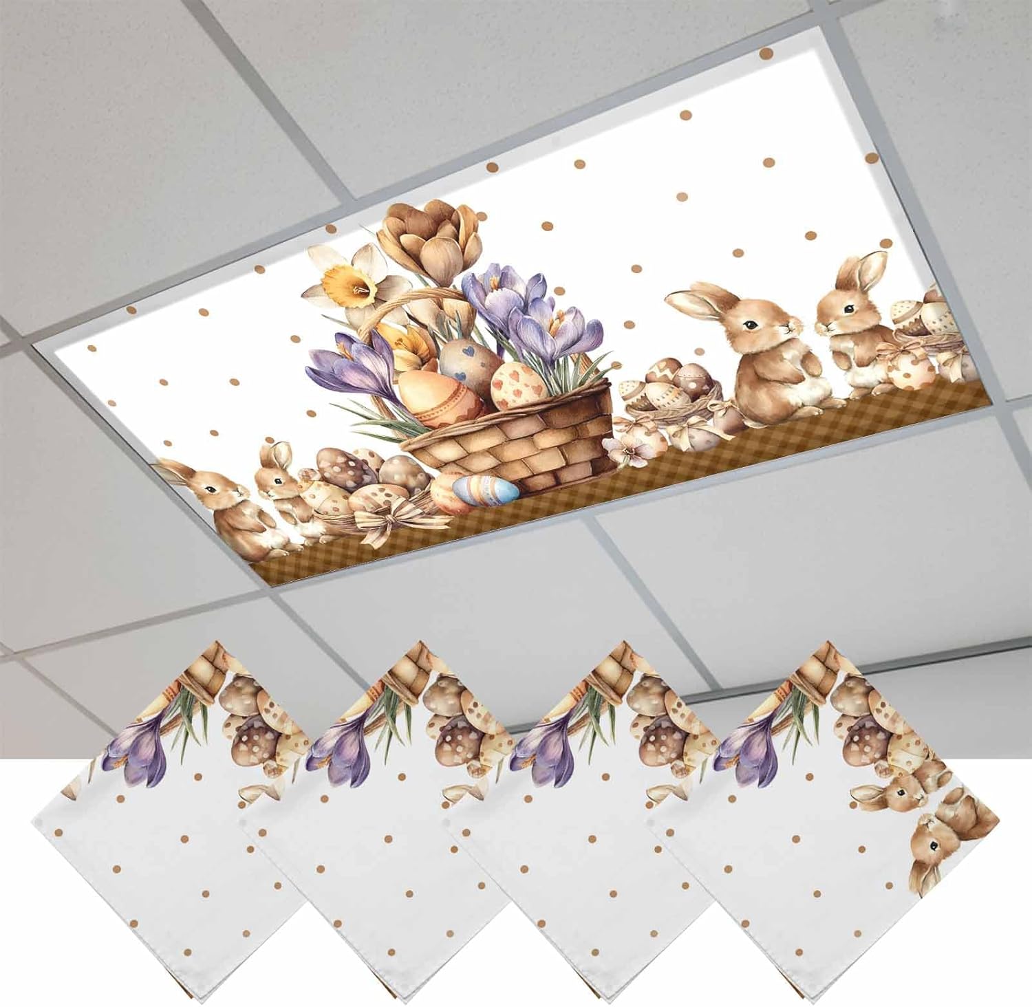 2x4 ft Fluorescent Light Cover for Ceiling Easter Rabbits Flowers Eggs Magnetic Light Filters, Coffee Colors Bunnies Ceiling Lampshades for Home School Office 4Pcs