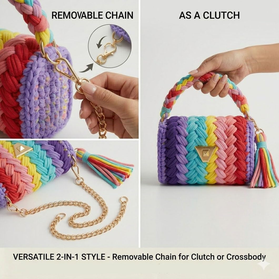 Bolso bandolera de estilo bohemio y clutch de noche – Bolso de mano tejido a mano con hilo grueso para mujer, con cadena desmontable