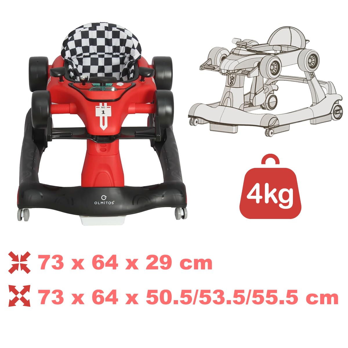 Olmitos - Andador bebé 3 en 1 RACING: Correpasillos y Carrito de Empuje para bebés primeros pasos – a partir de 6 meses para aprendizaje – previene caídas con comodidad y seguridad base antivuelco