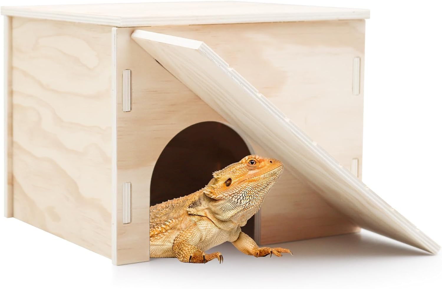 Large Chameleon Hideout, Wooden Reptile Hide Cave with Climbing Ramp, Bearded Dragon Habitat with Basking Platform, Tank Aquarium Accessories for Lizard Gecko Spiders Tortoise - 11.3 x 9.1 x 7.1 Inch