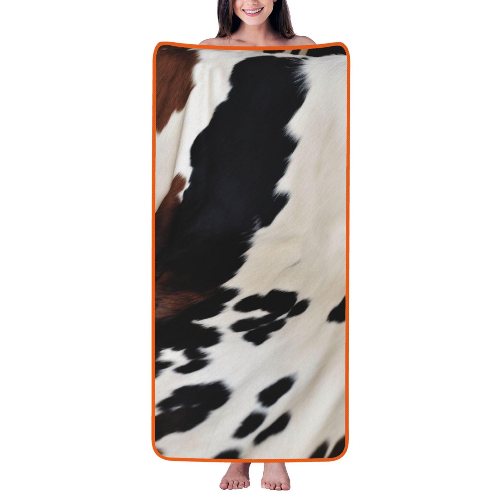 WPKJU Cowhide Printed Bath Towel with Orange Edging - 27x55 in Soft Extra Absorbent Coral Velvet Shower Towels for Bathroom