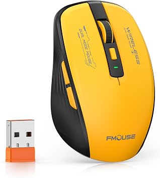 FMOUSE Silent Wireless Mouse, Dual Mode Bluetooth 2.4G, AA Battery Powered | Stylish Yellow-Black Two-Tone Design | Side Shortcut Keys | Portable | Compatible with MacBook iPad Laptop PC | 4 DPI Levels