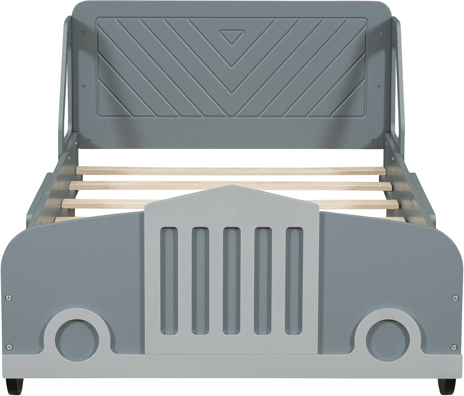 Rhomtree Wood Car-Shaped Platform Bed with Wheels Headboard & Footboard, Solid Wood Platform Bed Frame Mattress Foundation Sleigh Bed with Wood Slat Support for Teens Adults(Gray, Twin)