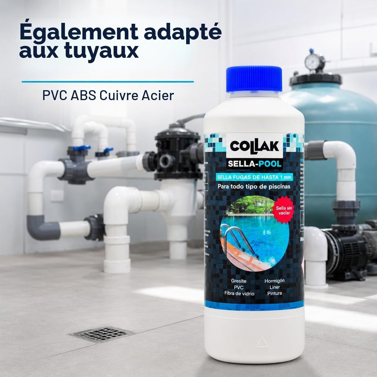 Collak - Scellant de Fuites pour Piscines Scella-Pool 1L – Répare les Fissures sans Vidanger – Compatible avec Liner, Béton, PVC, Fibre, SPA, Réservoirs et Tuyaux – Usage Professionnel et Domestique