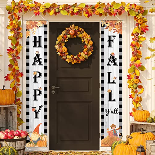 Hallo Fall Veranda Schild Dekor Herbst Büffel Kariert Home Außen Tür Hängende Banner Kürbis Ahornblätter Fall Party Favor Supplies, 180 x 100 cm (schwarz weiß kariert) Cover