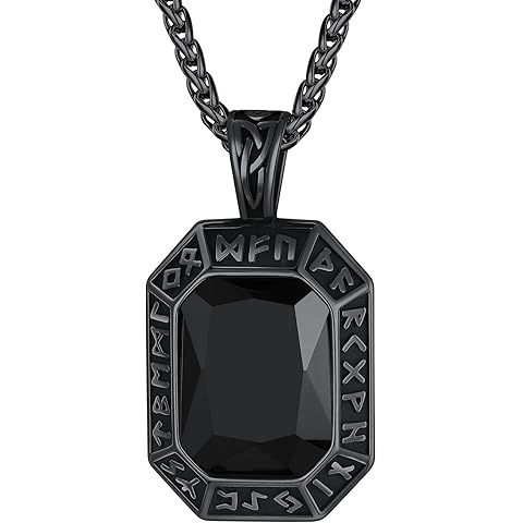 ChainsHouse Viking Rune Pendant Necklace for Men Women, Punk Biker Black Metal/316L Stainless Steel Onyx Norse Vintage Amulet Necklaces with Black/Red/Green/Blue Gemstone, Send Gift Box