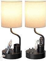 Fenmzeelighting Bedside Table Lamps Set of 2 with AC Outlets, USB A/C Charging, Phone & Pen Holder, 3 Color Temps - Bedroom Nightstand, Dorm, Office Lamp