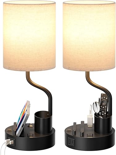 Bedside Table Lamps for Bedroom Set of 2 - Nightstand Light with AC Outlet and USB A & C for Charging, 3 Color Temperatures, Study Desk Lamp with