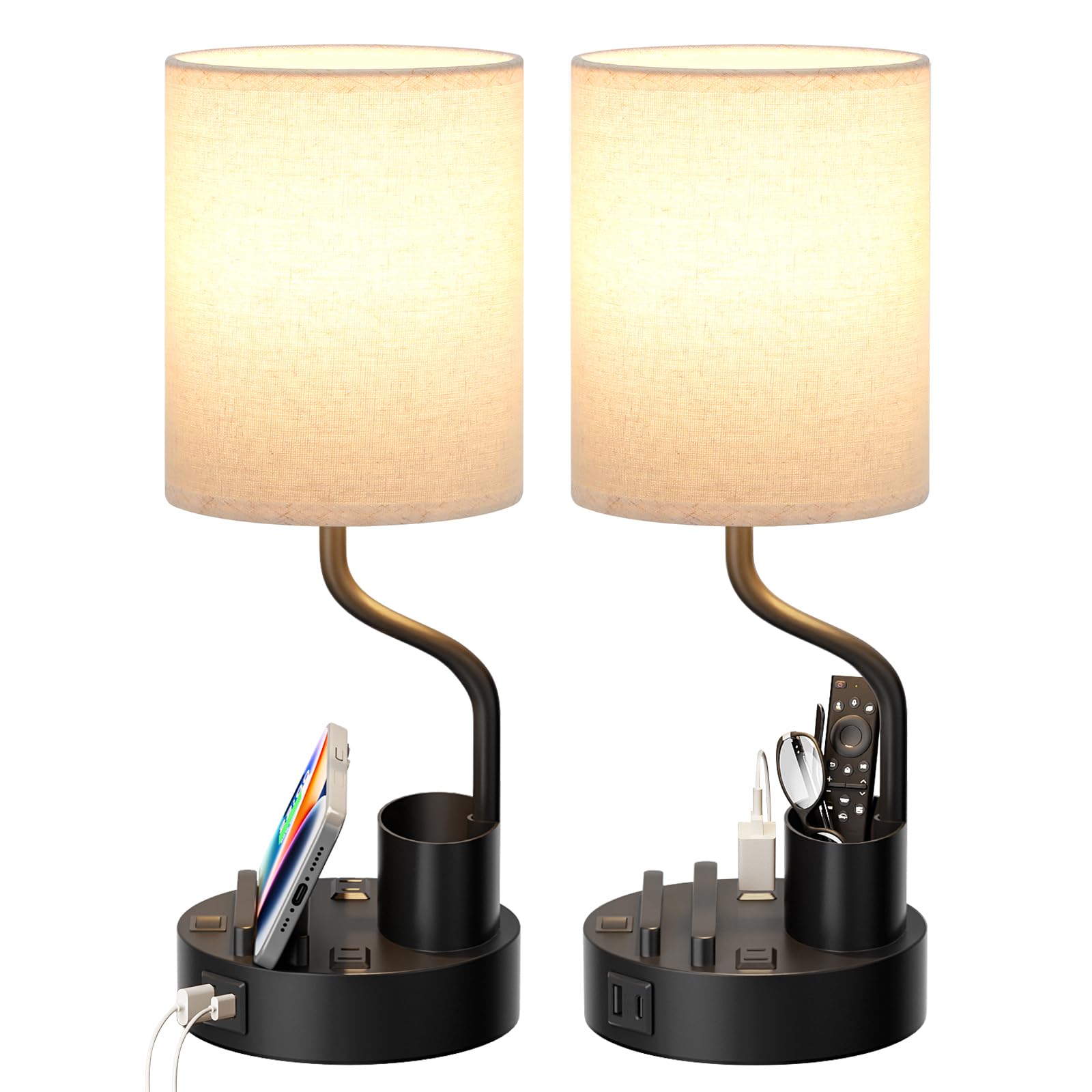 Bedside Table Lamps for Bedroom Set of 2 - Nightstand Light with AC Outlet and USB A C