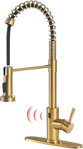GIMILI Grifo sin contacto dorado con rociador extraíble, sensor de movimiento inteligente activado, grifo de resorte de un solo orificio para