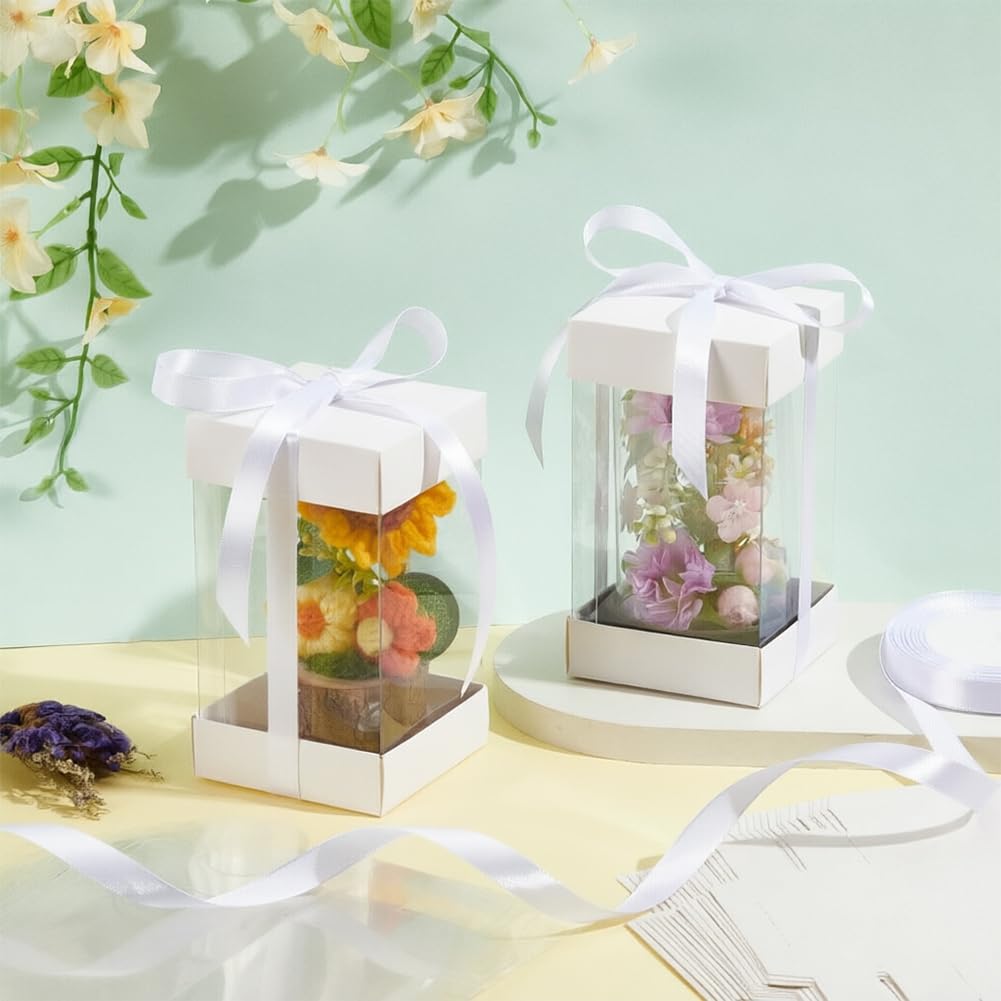 BENECREAT 10 Scatola Regalo Trasparente con Coperchio In Carta Bianca, Scatole Regalo Rettangolari con Nastro In Poliestere per Compleanni, Matrimoni e Natale, 8x8x14cm