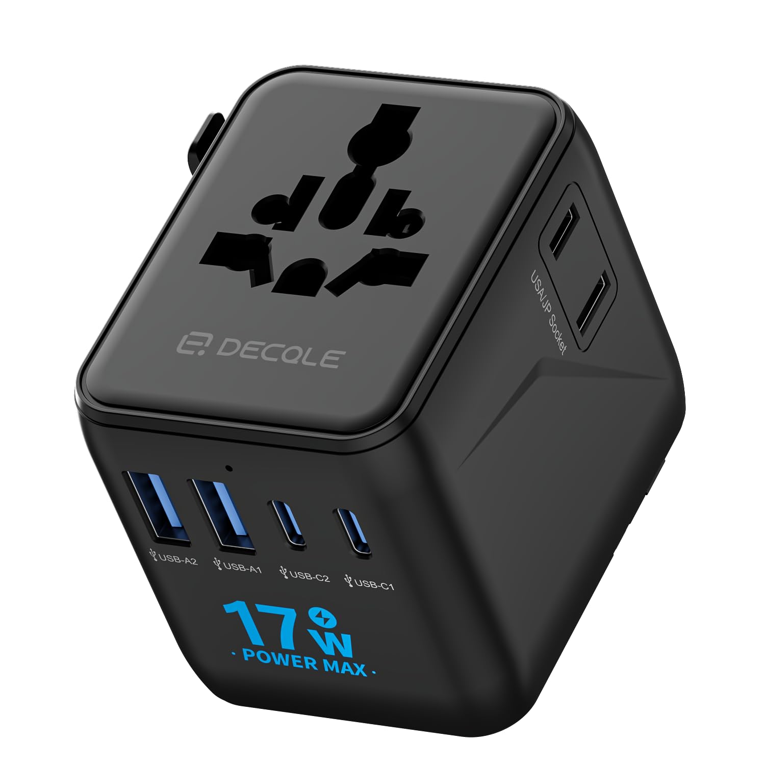 decqle Reiseadapter Weltweit, Universal Reisestecker mit 2 USB-C, 2 USB-A und 1 AC Steckdose, Internationaler Steckdosenadapter, AC Adapter Universaladapter für EU, UK, US, AU (Schwarz)