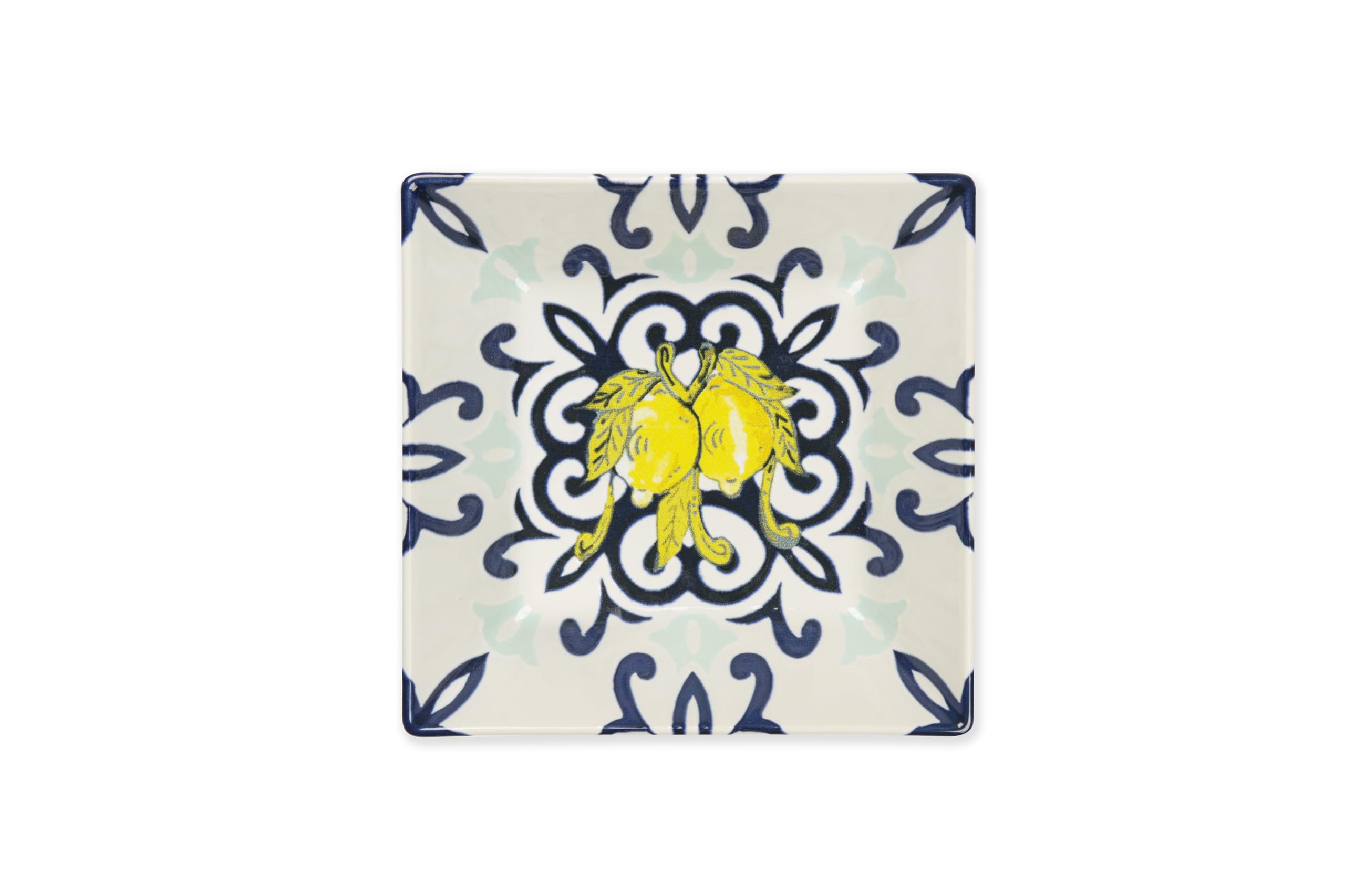 Excelsa Amalfi Servizio Piatti Quadrati in Ceramica, Set 18 Pezzi con Decorazione Limoni e Fregi Blu
