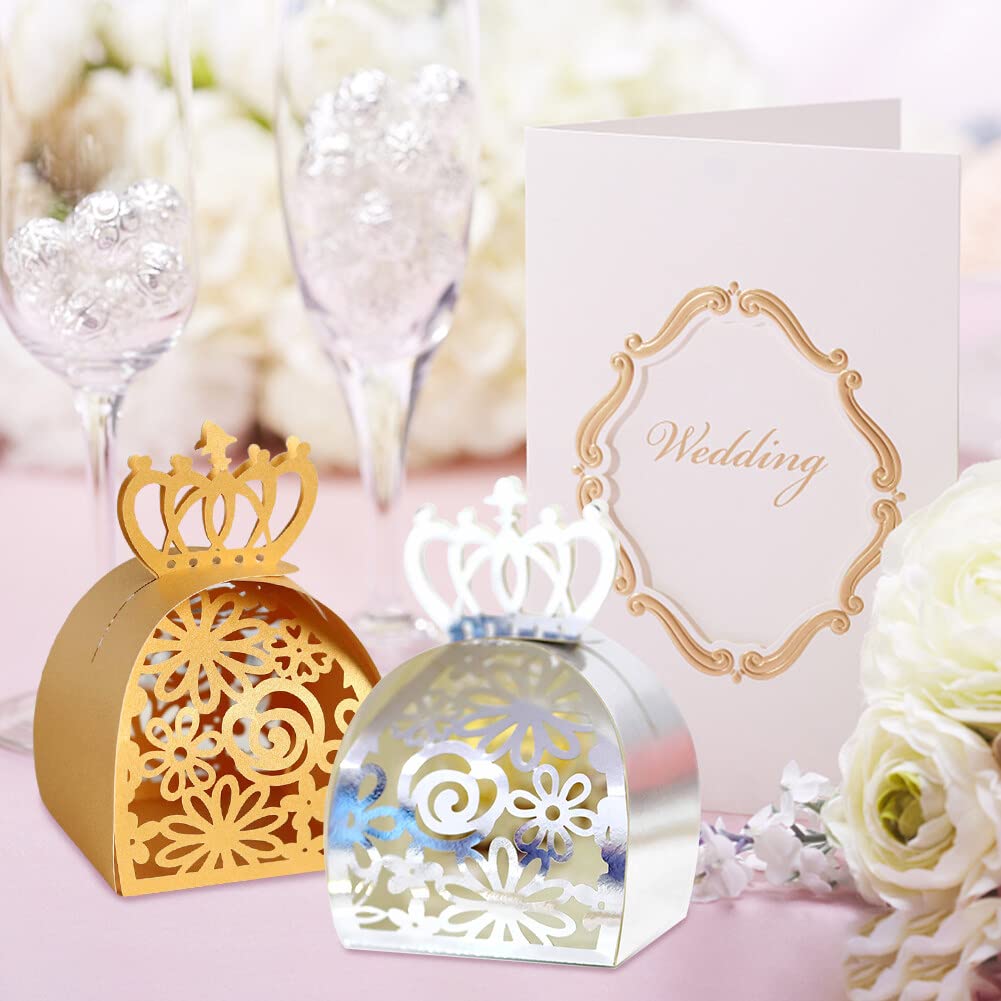 WedDecor 50 Scatole Bomboniera In Cartone Taglio Laser, 5x5x8 Cm, Beige Con Nastro, Per Matrimoni, Compleanni, Baby Shower E Feste